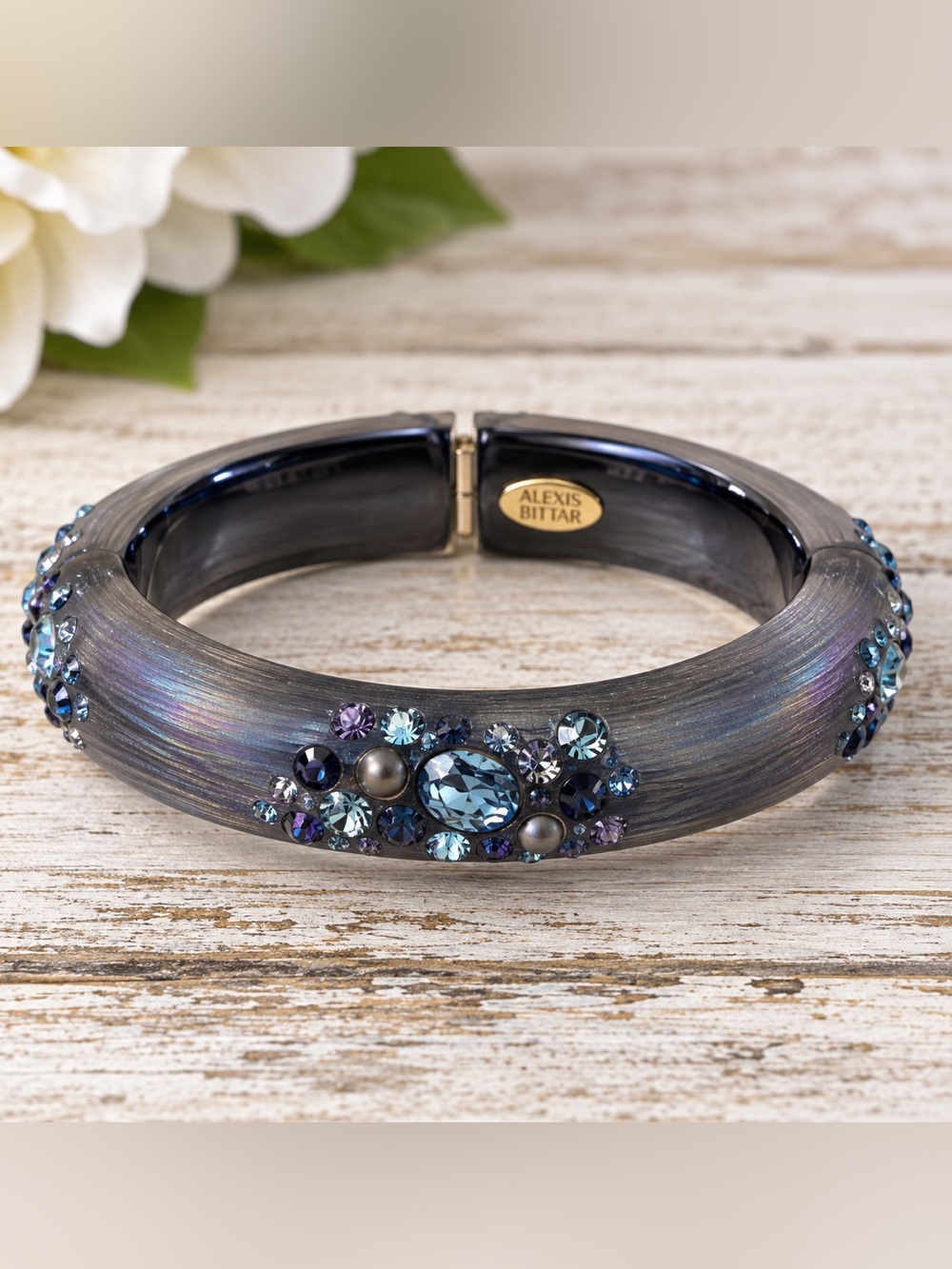 Alexis Bittar Gunmetal Crystal Hinged Bangle Purple Grey Tone